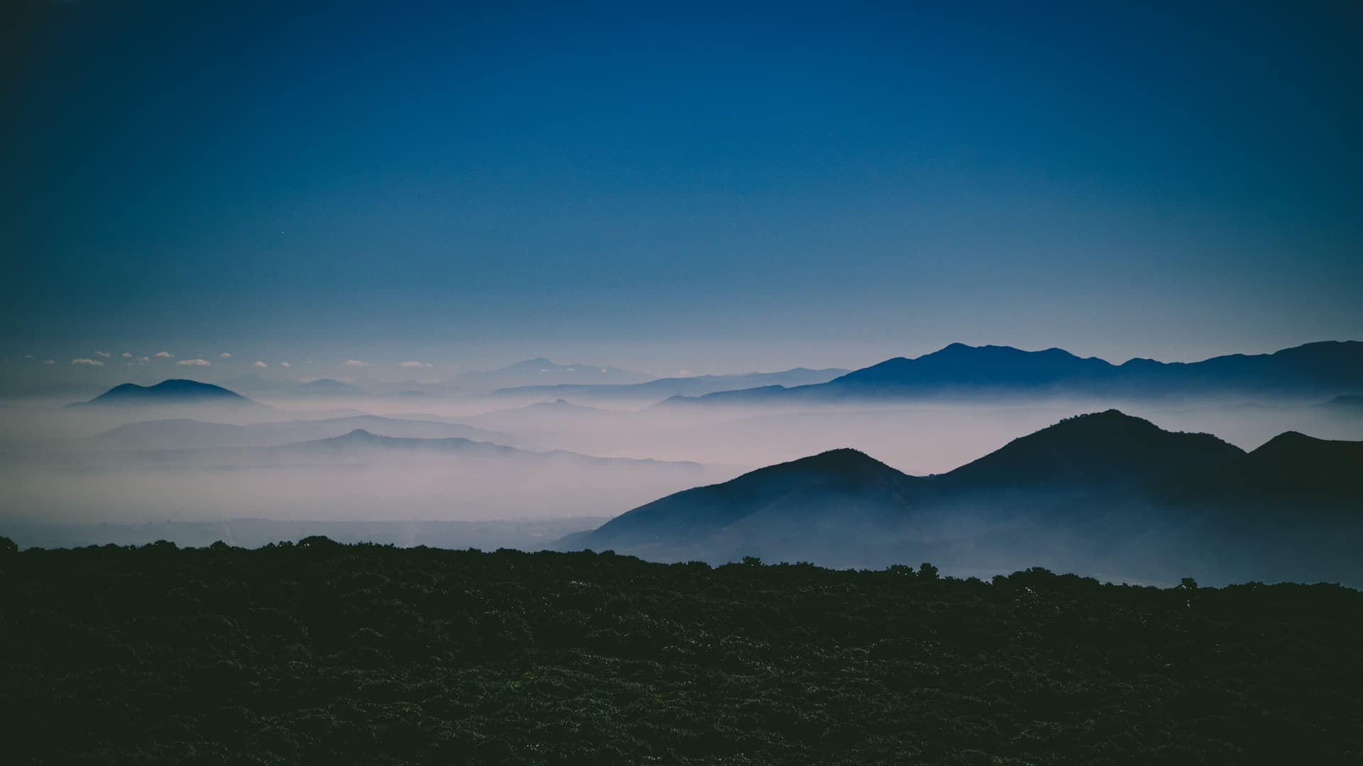 Resplandor lejano azul-dorado atravesando un campo atmosférico oscuro.